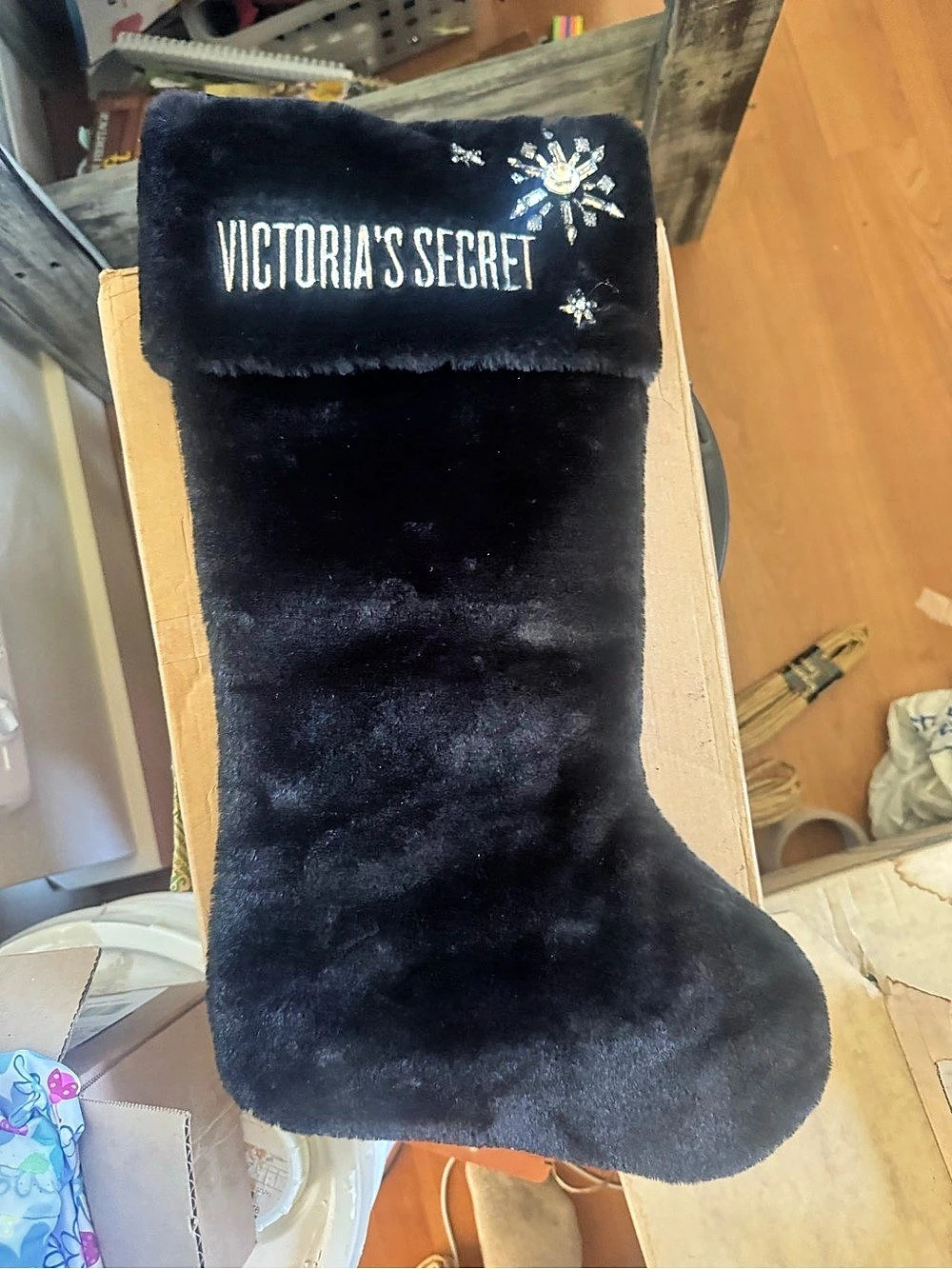 Victoria's Secret Luxe Faux Fur Snowflake Christmas Stocking Black
